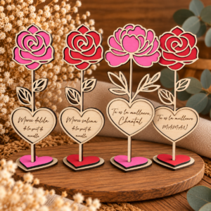 Rose en bois personnalisée avec prénom et message gravé sur un cœur