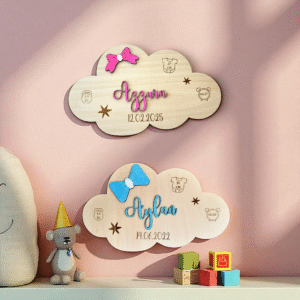 nuage en bois personnalisé avec date et heure de naissance