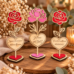 Rose en bois personnalisée avec prénom et message gravé sur un cœur