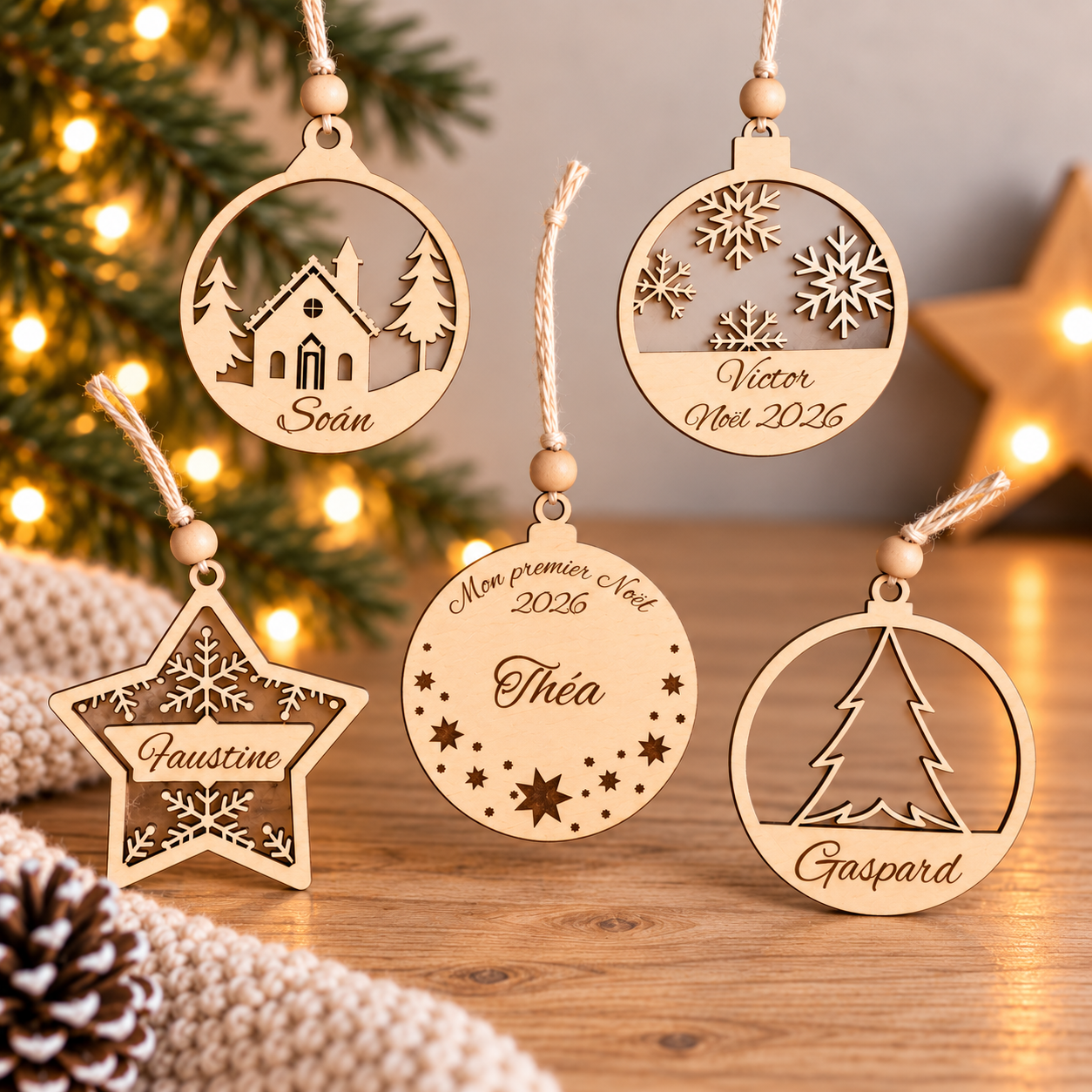 Boule de Noël personnalisée en bois avec prénom