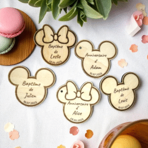 étiquettes minnie mickey en bois personnalisées pour anniversaire et baptême