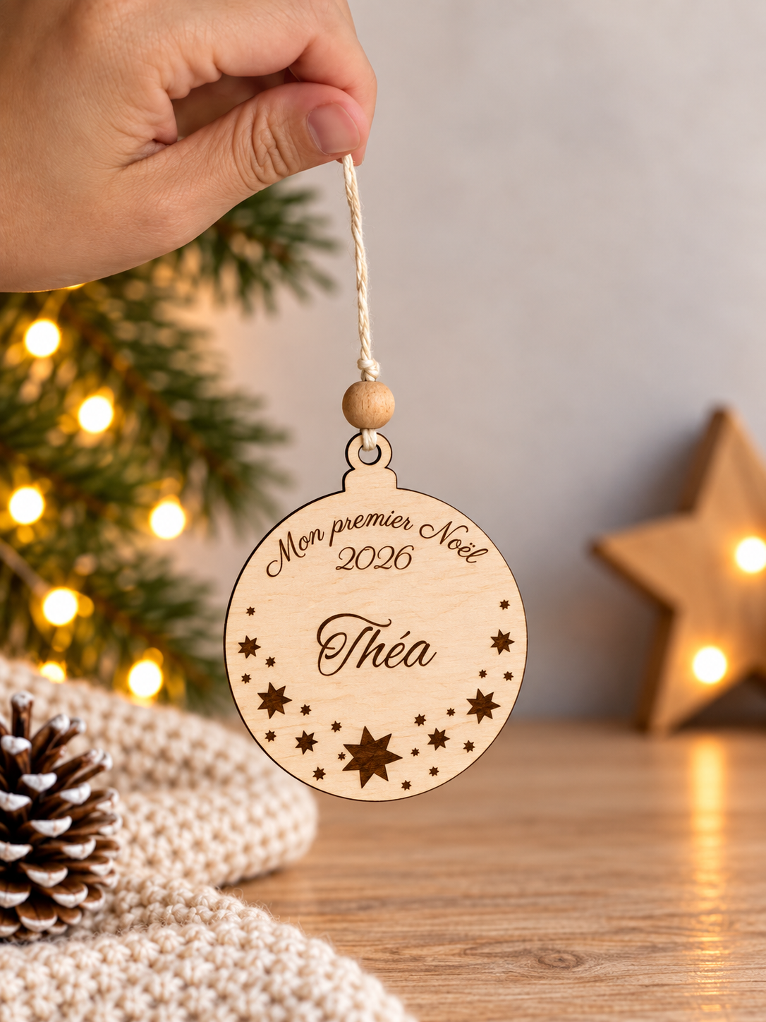 Boule de Noël personnalisée en bois – Prénom & Premier Noël – Image 6
