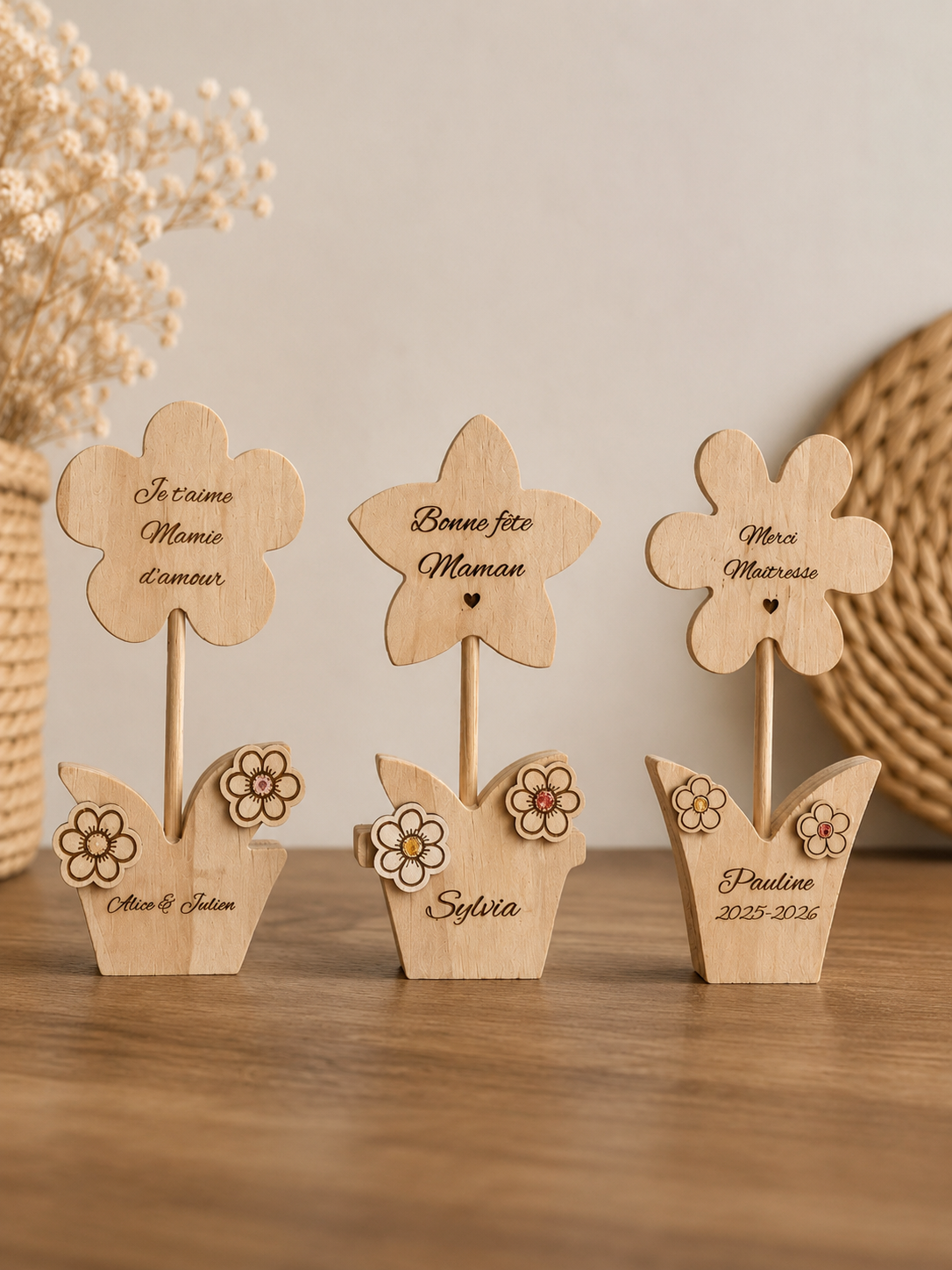 Fleur en bois personnalisée gravée en pot