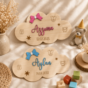 Plaque de naissance en bois personnalisée avec prénom en relief