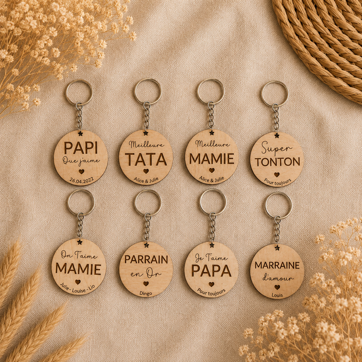Porte-clés rond personnalisé en bois gravé avec prénom ou message