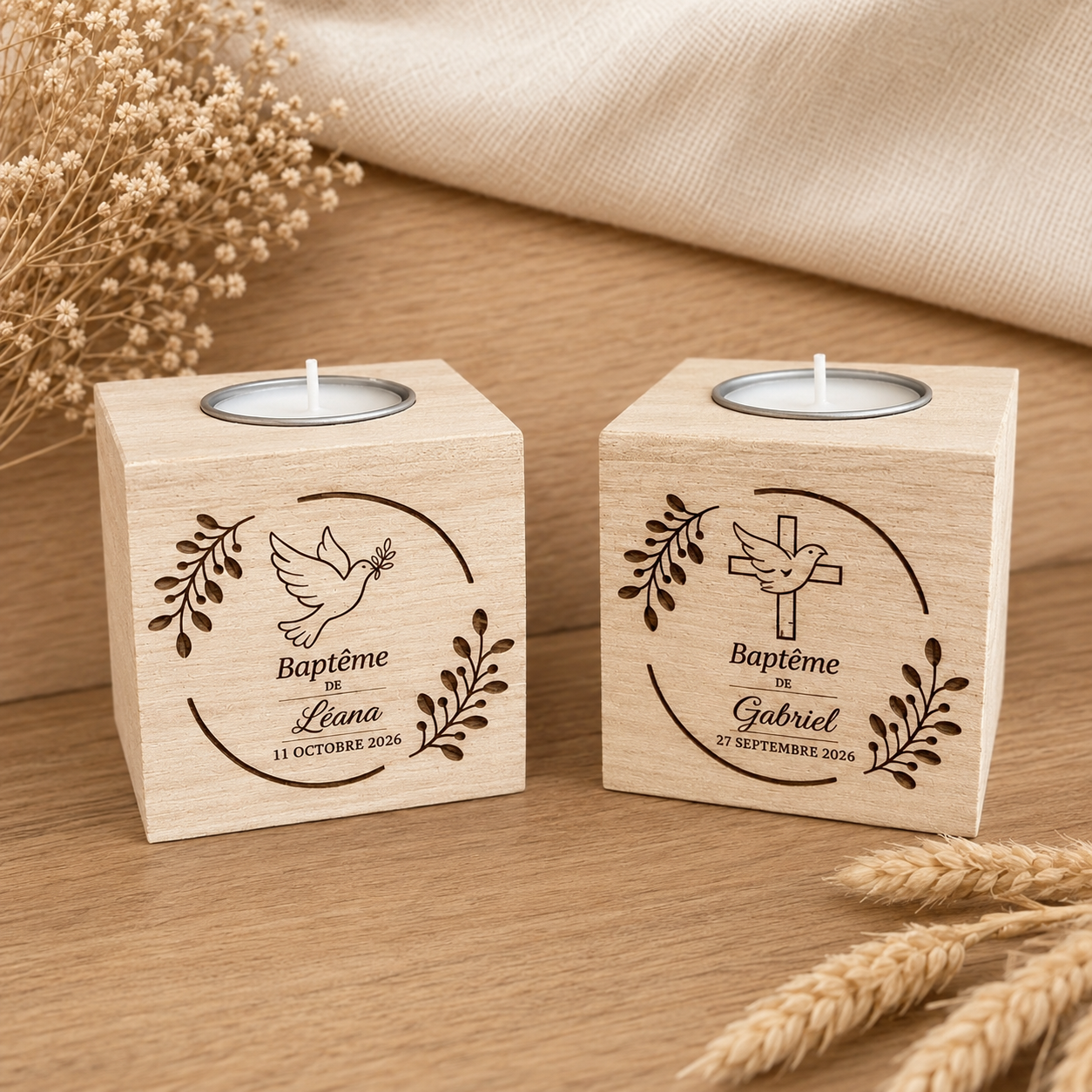 Bougie baptême personnalisée en cube de bois avec prénom et date