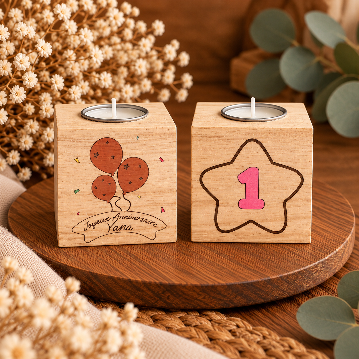 Bougie d’anniversaire personnalisée en bois recto verso avec prénom, âge et chiffre couleur au choix, bougie parfumée à la vanille incluse