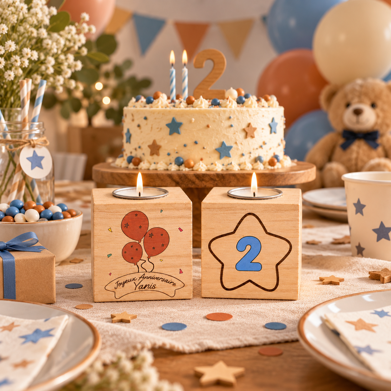 Bougie d’anniversaire personnalisée en bois recto verso avec prénom, âge et chiffre couleur au choix, bougie parfumée à la vanille incluse